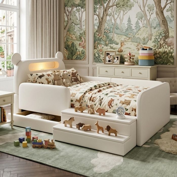 Lit Enfant 90x200cm Forme Ours avec Veilleuse et Port USB - Lit Simple PU Blanc Rangement et Siège - Chambre Fille Garçon