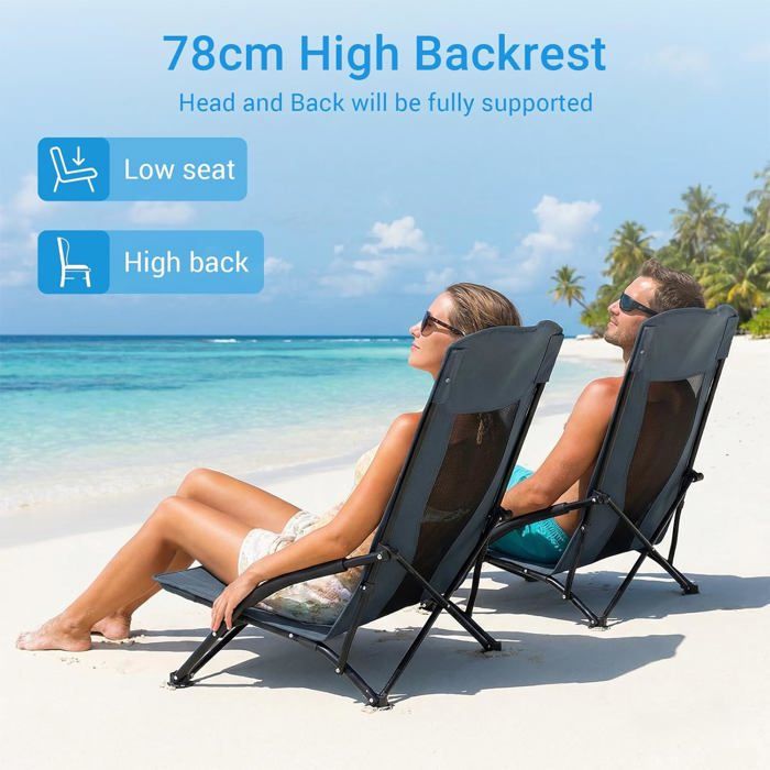 Lot de 2 Chaises de plage pliables Siège dextérieur Dossier haut avec sac de transport Porte-gobelet Charge 150 kg (2xChaises Gris)