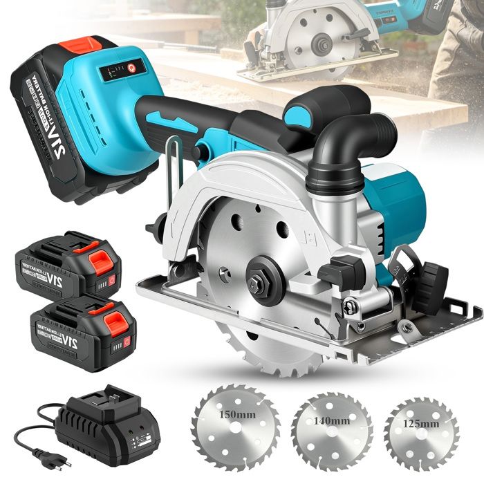 Scie circulaire sans fil avec 3 lames - Laser 6700 tr/min - 2x1.5Ah - Profondeur coupe 54 mm - angle réglable de 0 à 45° - 1850W