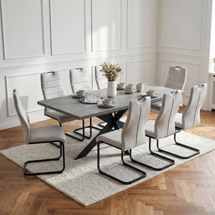 JIEXI Lot de 8 tables et chaises de salle à manger extensibles en MDF avec chaises rembourrées en porte-à-faux 160-200 cm