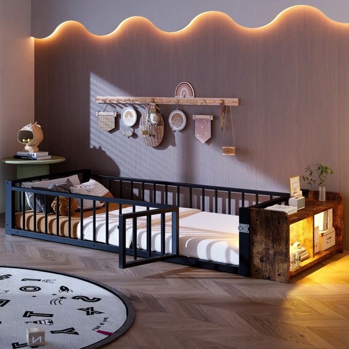 Lit évolutif Enfant 90x200cm - Lit Métal Bas avec Barrière de Sécurité et Rangement LED - Design Industriel - Noir