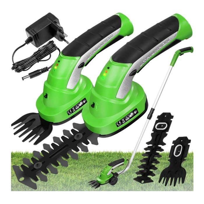 Cisaille de jardin électrique - 2-en-1 (taille-haie & cisaille à gazon) - Batterie fournie - Manche télescopique - Poignée Softgrip
