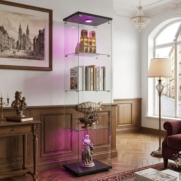 Vitrine d Exposition 164cm - 4 Etageres - Eclairage LED - Anti Poussiere - Verre Trempe et Bois - Noir