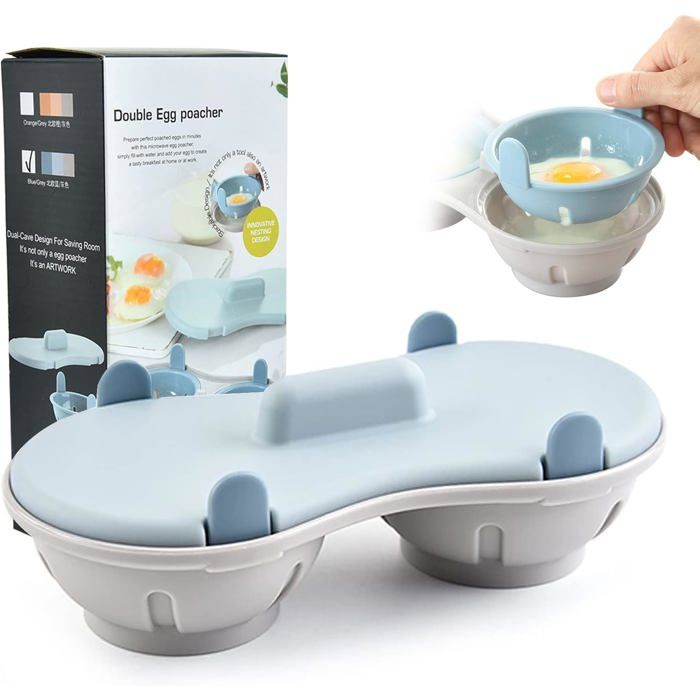 Cuiseur à œufs pour micro-ondes coquetier à double cavité en polypropylène avec égouttoir ustensile de cuisine bleu