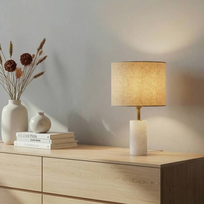 Lampe à poser - Lindby - lampe de chevet - Tissu textile Marbre - beige blanc