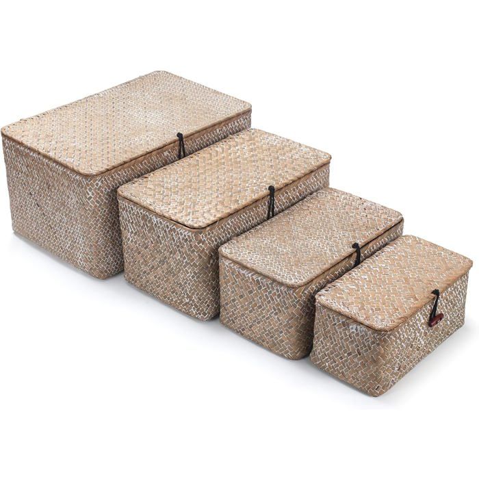 Panier de rangement en osier et jonc de mer - Blanc boîte décorative tissée - Pour organisation des étagères