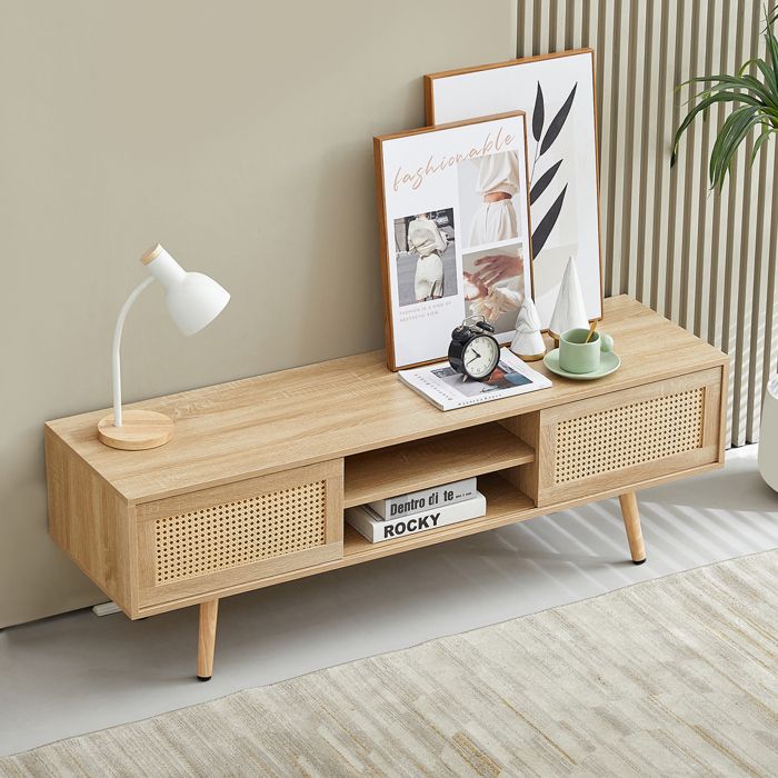 Meuble TV en rotin - Bois naturel - Pieds en bois massif - Portes coulissantes - Étagères réglables - Design minimaliste