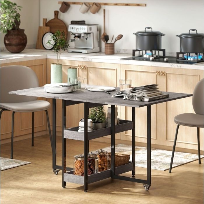 Table de cuisine pliante grise 2 à 4 personnes avec 2 étagères ouvertes et roulettes 133 4 x 80 x 75 cm