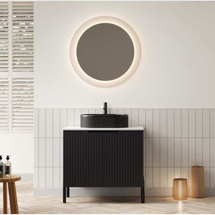 Meuble sous vasque de salle de bain 76 cm noir vasque ovale en céramique plan blanc en pierre frittée 2 portes