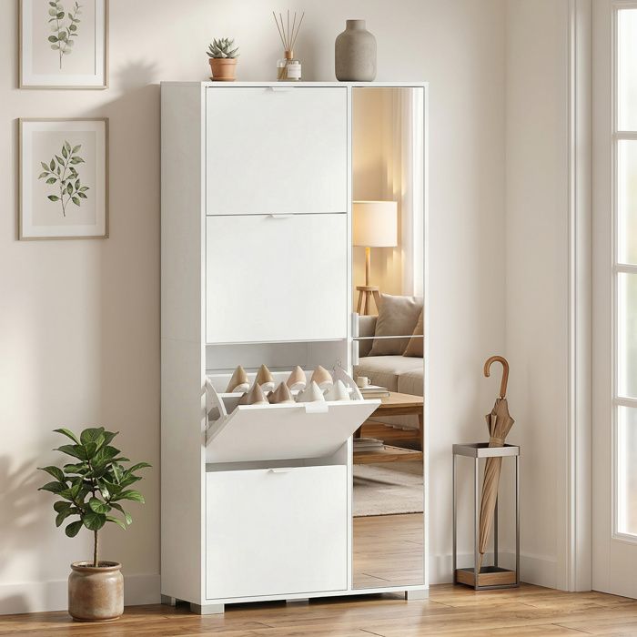 Meuble à chaussures avec miroir 4 abattants pour entrée blanc