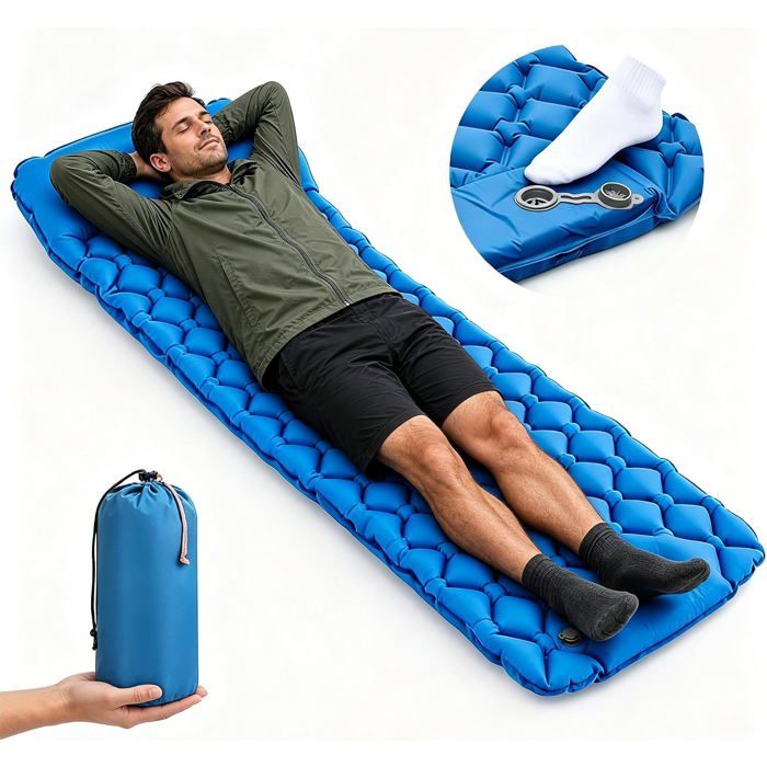 Matelas Camping Gonflable 190×60×5Cm Avec Pompe À Pied Tapis De Couchage Compact Et Portable Pour Trekking Et Plein Air