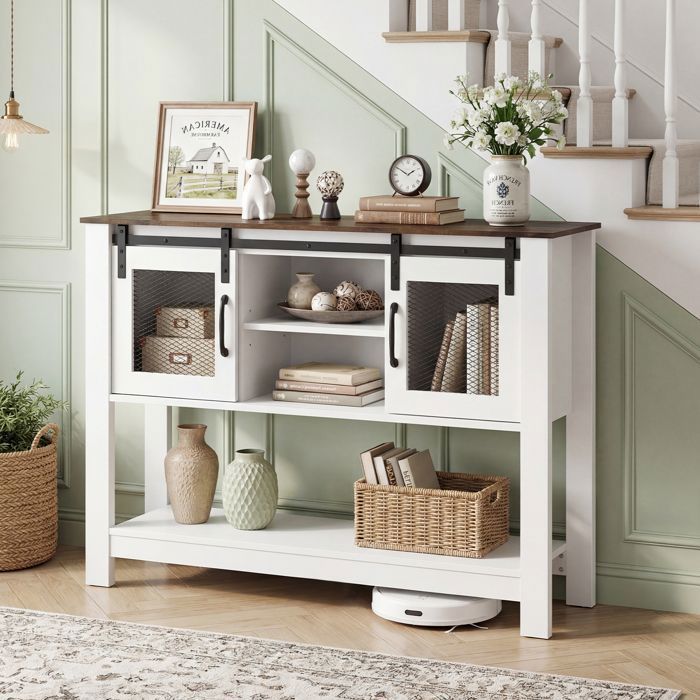 Buffet bois 102x32x82cm portes coulissantes étagère ajustable structure stable design blanc et métal pour cuisine et salon