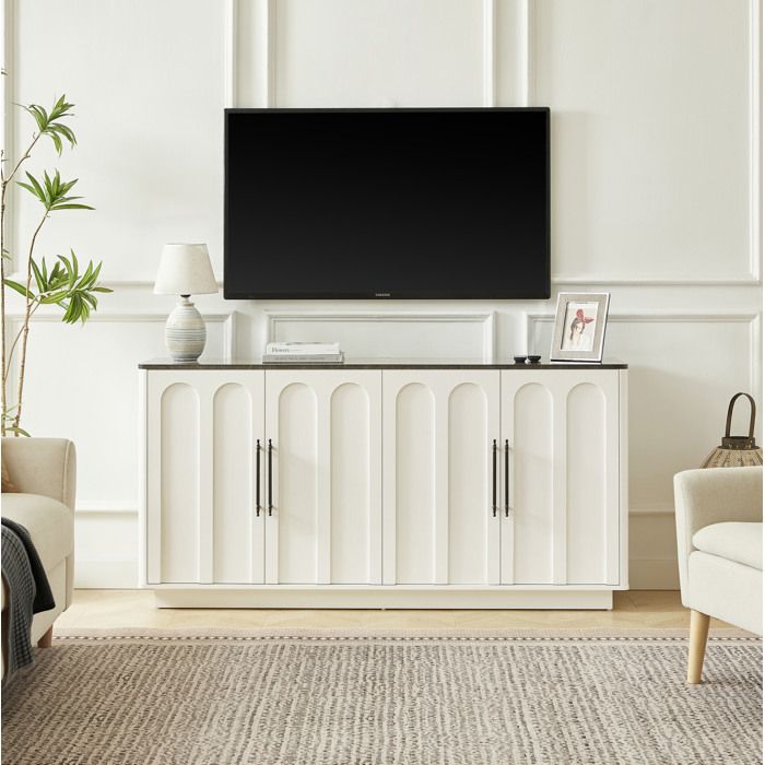 Buffet bas 4 portes 160 cm blanc et noir fermeture douce plateau aspect marbre meuble TV en MDF