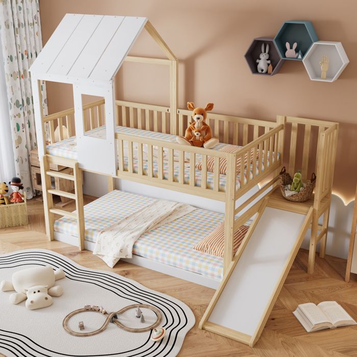 Lit superposé avec échelle à angle droit et toboggan lit cabane avec toit et fenêtre lit enfant avec protection antichute et barri