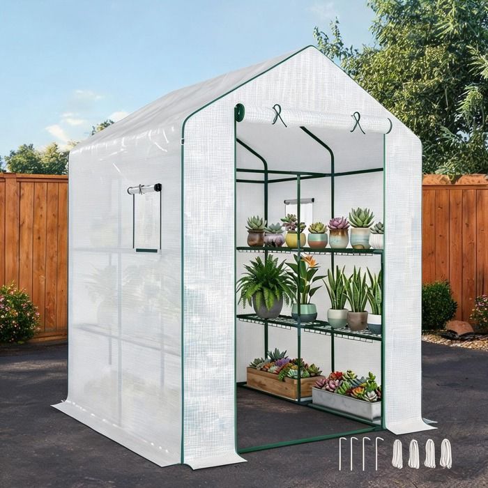 Serre de jardin blanc 140 x 143 x 190 cm PE avec étagères et ventilation