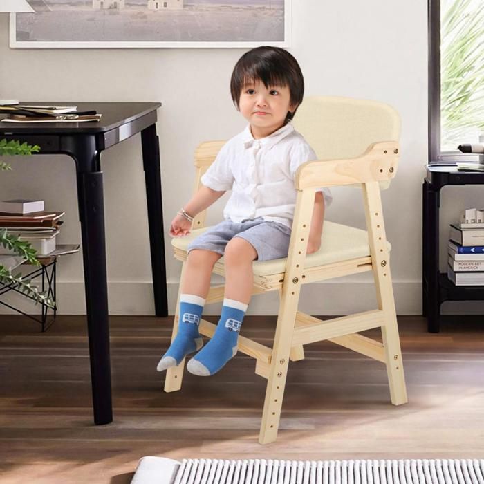 Chaise enfant-Tabouret bébé-Beige-Hauteur réglable-Chaise détude avec accoudoirs ergonomiques-Cadre en bois-QUIIENCLEE
