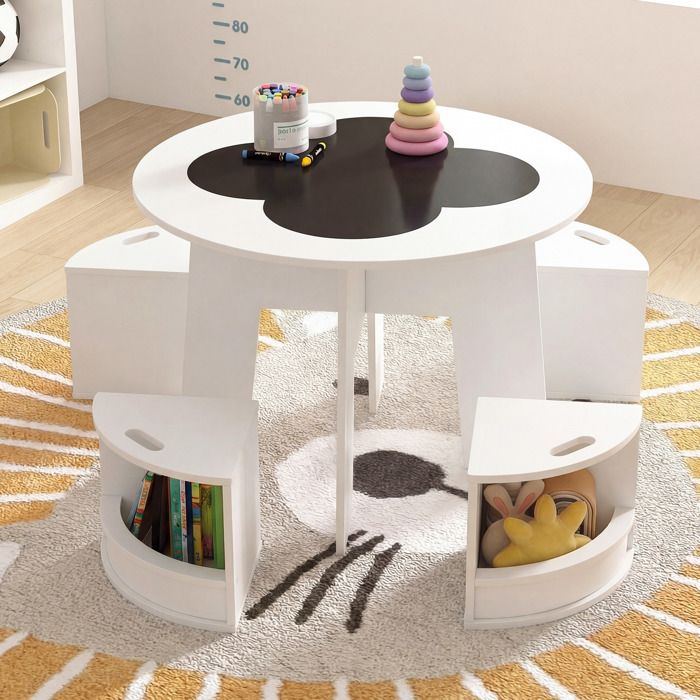 Table Enfant Montessori-COSTWAY-avec 4 Chaises Design Fleur Rangement Intégré Tabourets Empilables Salle de Jeux 3+ Ans
