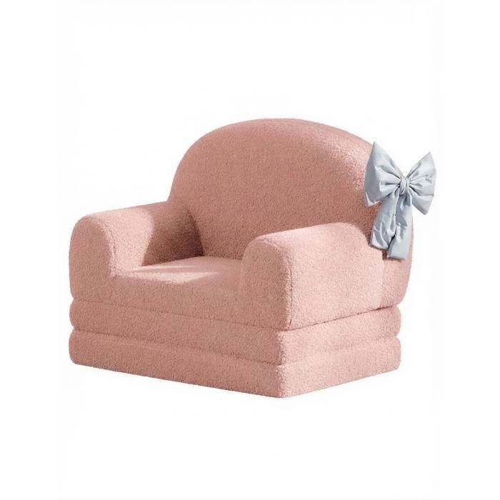 Canapé Enfant 2-en-1 – Convertible en Fauteuil/Lounger Tissu Sherpa Doux Design Couronne Idéal pour Chambre/Salle de Jeux-rose