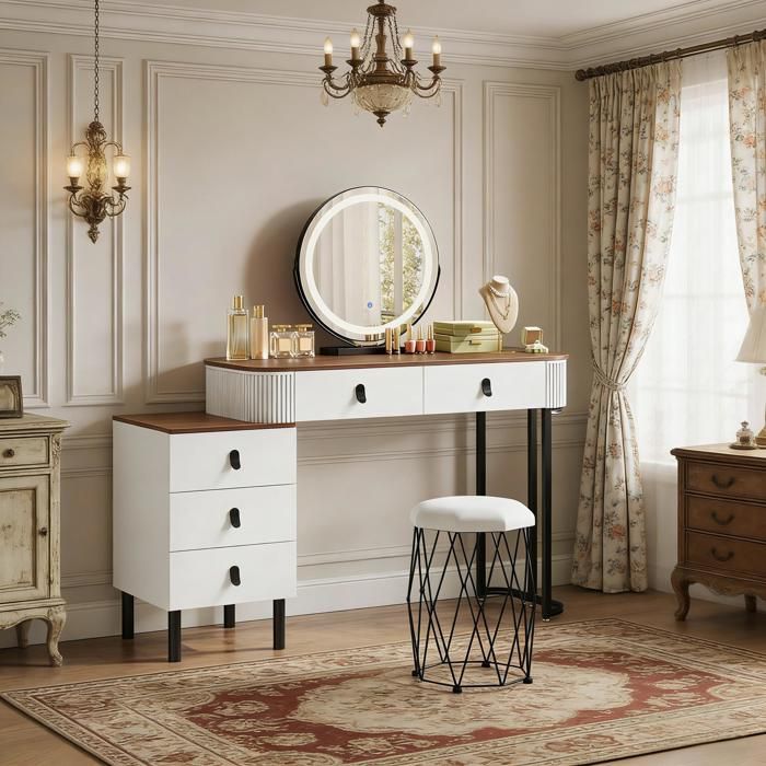 Coiffeuse - ZEVKOR - Blanc et Marron - 5 tiroirs - Miroir rond LED dimmable - Tabouret inclus