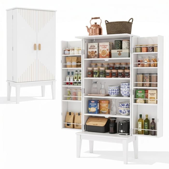 Buffet de cuisine - FURNITURER - Buffet de cuisine avec LED - Blanc - Portes magnétiques - Rangement modulable