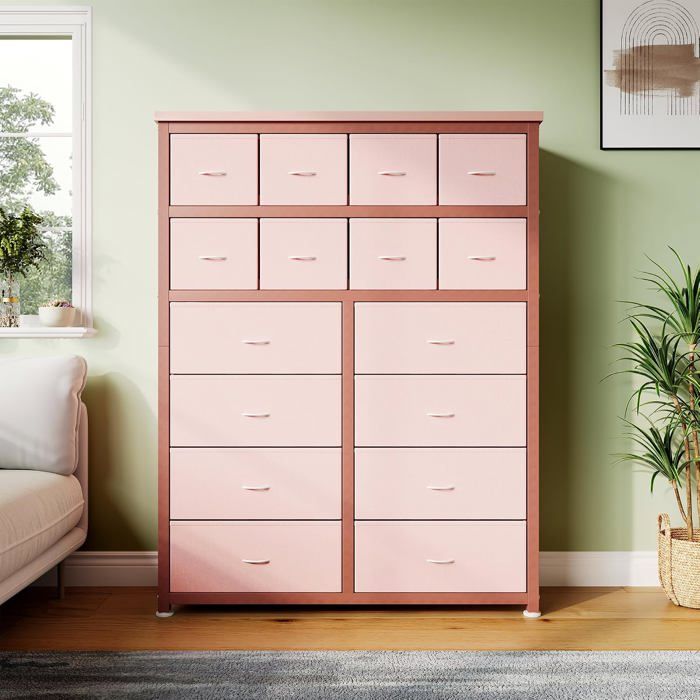 Commode en tissu à 16 tiroirs cadre en acier robuste meuble de rangement pour chambre et salon rose