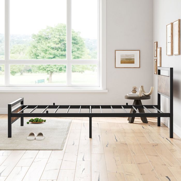 Cadre de lit - SOGEU - 90x200 - Métal et bois - Rangement 27 cm - Lattes acier galvanisé