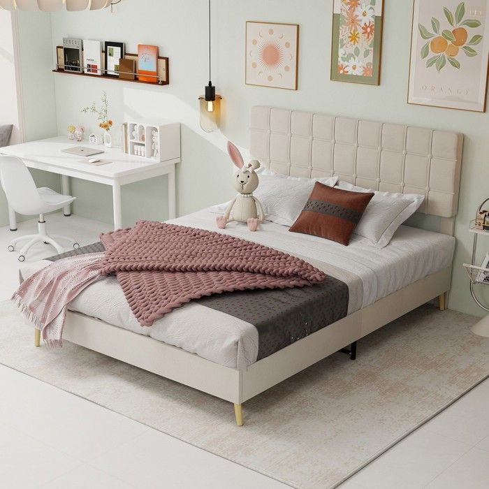 Lit double en tissu beige avec tête de lit rembourrée design moderne pour adulte adapté matelas 140x200cm