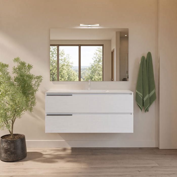 Meuble de salle de bain suspendu 120 cm avec 2 tiroirs vasque en céramique miroir et lampe LED Berlin