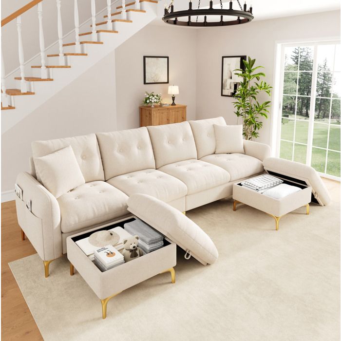 Canapé-lit 4 places modulable en chenille canapé convertible avec 2 poufs coffre configuration L ou U beige