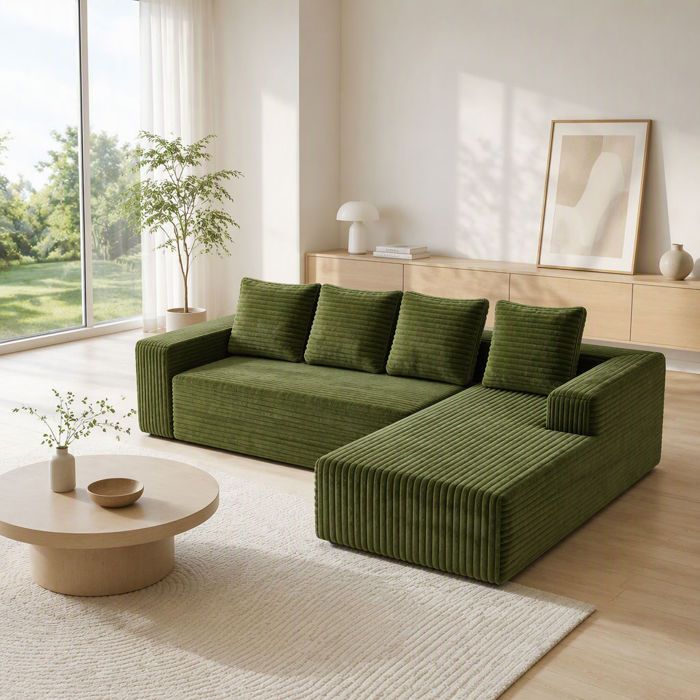 Canapé d’Angle Modulable 4 Places 261 x 168 x 58 cm Méridienne Gauche Assise Profonde Sans Montage Velours Côtelé Vert
