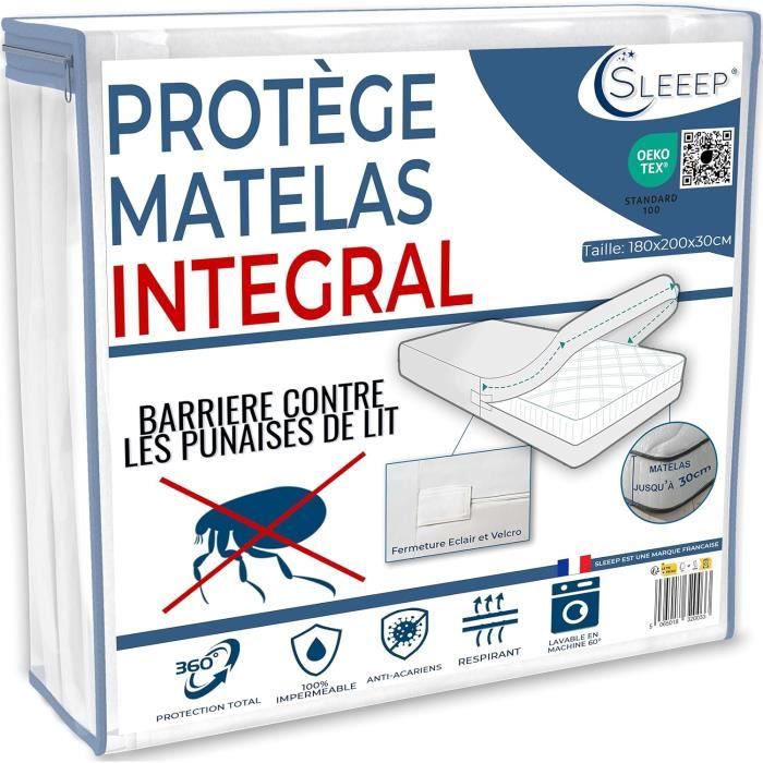 Housse de matelas 180x200x30 cm anti-punaises imperméable avec fermeture éclair - OekoTex qualité hôtelière