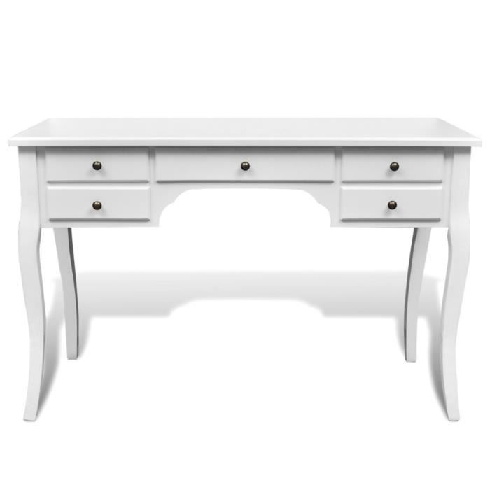 Bureau français en bois avec pieds courbes et 5 tiroirs - Blanc - Campagne - Meuble de bureau