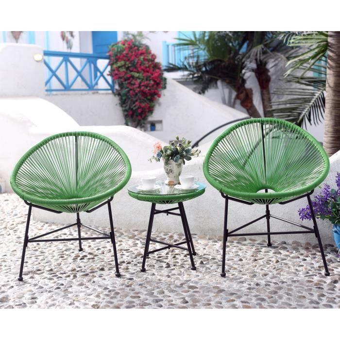 ACAPULCO - Salon de jardin 2 fauteuils oeuf + 1 table basse vert