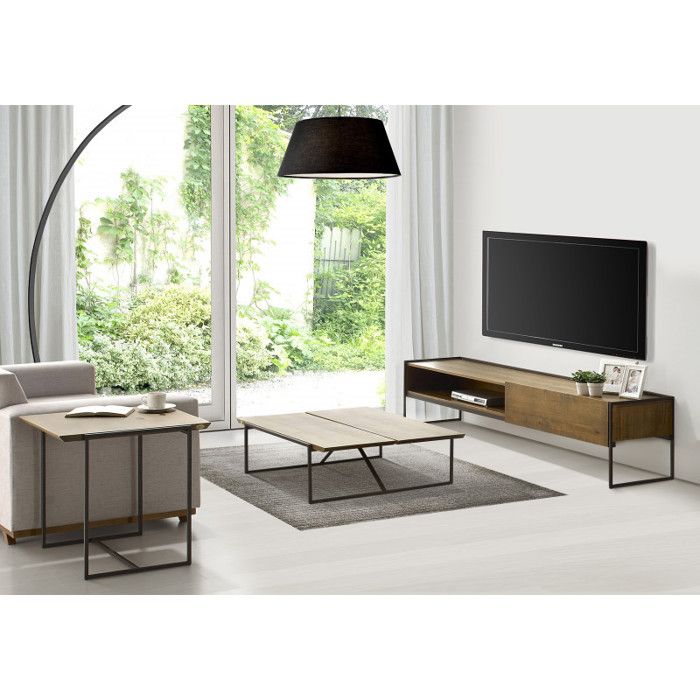 Meuble TV 1 niche et 1 tiroir en pin et métal marron - LINEA Meubletmoi Meuble TV 1 niche et 1 tiroir en pin et métal marron - LINEA Meubletmoi
