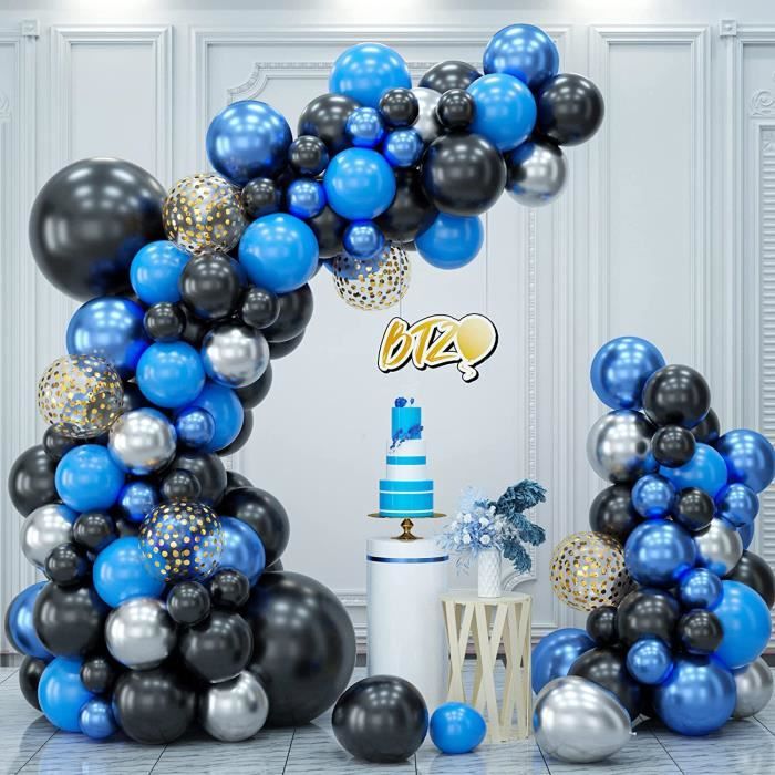 Ballons dorés festifs avec banderoles et confettis. Mise en page pour anniversaire, Noël