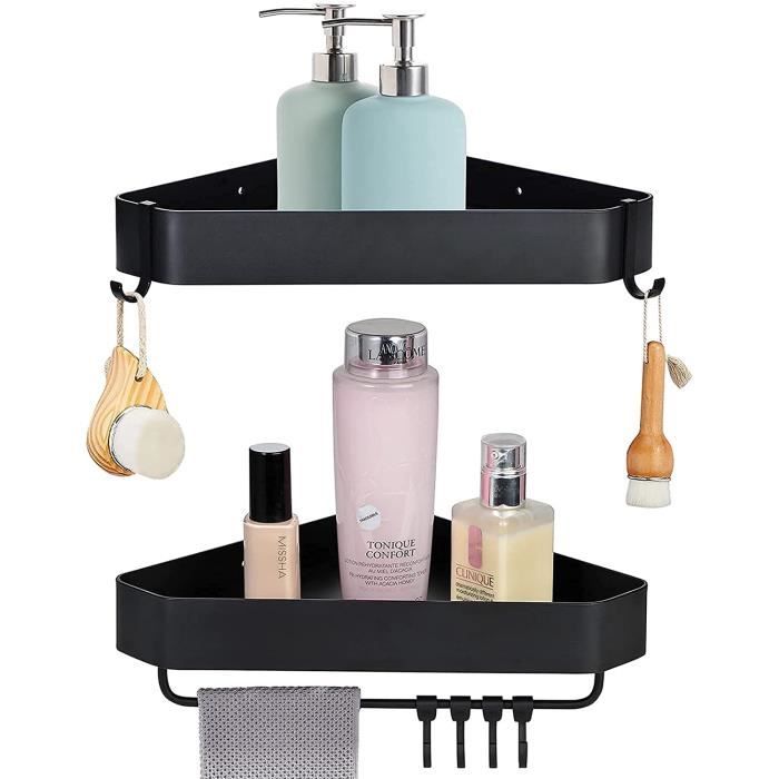 Étagère D'angle De Douche Sans Perçage - 2 Plateaux + Crochets - Aluminium Anodisé Noir - Capacité 10kg - 4