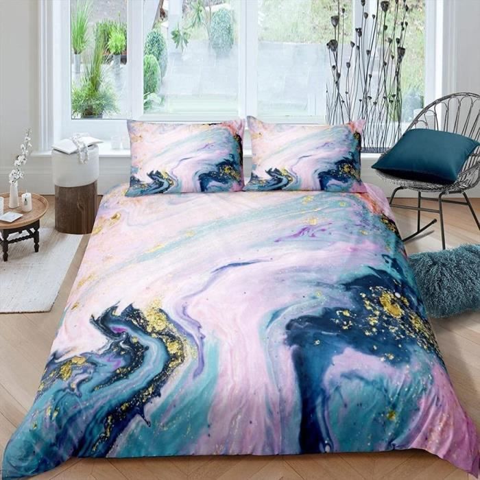 Housse de Couette Rose Bleu Parure de Lit avec Fermeture Éclair Doux
