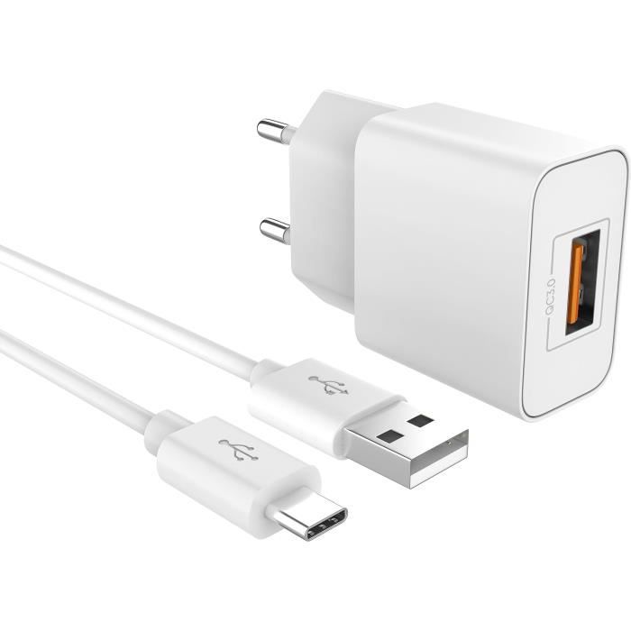 Chargeur Secteur USB Universel SOQI Avec Câbles Type C Et Type B - 1m, Blanc, Neuf Pour Android