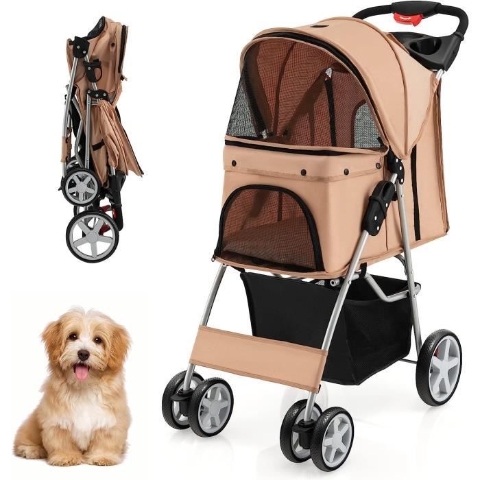 Comparer les prix de GOPLUS Poussette Pliable Chariot Pliant Animaux Panier Plateau de Rangement Porte-gobelet, Auvent Réglable, 87x46x102cm, Beige