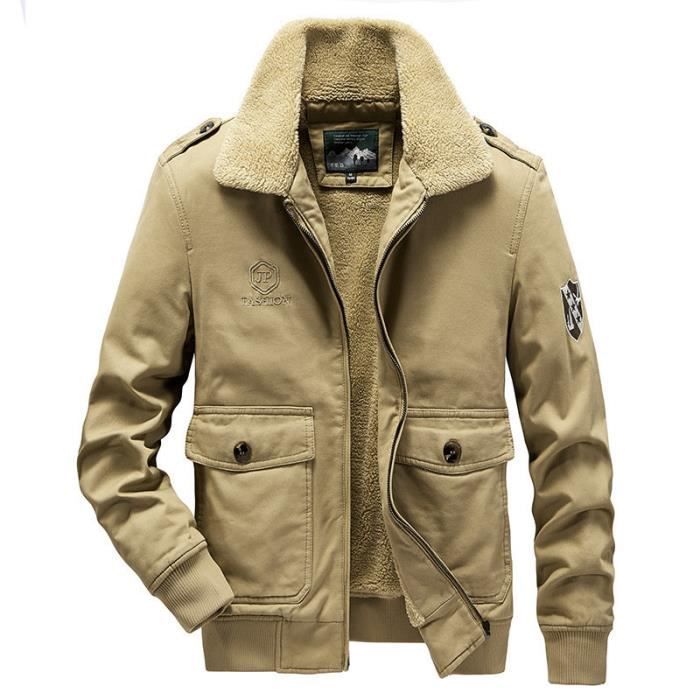 Hiver Blouson Homme Chaud Doublé Polaire Veste Zippee en Coton Epaisse  Couleur Unie