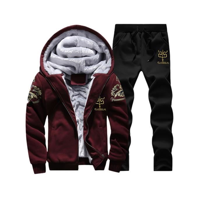 Homme Ensemble à Capuche en Doublée Polaire Manches Longues Hiver Épais Chaud Zippé Ensemble Rouge