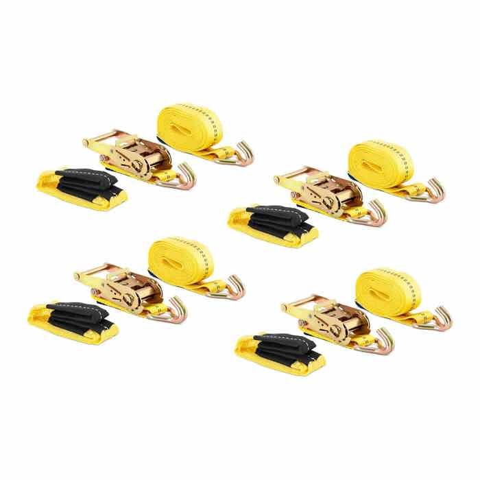 Lot De 4 Sangles à Cliquet 800 Kg – 5 M X 25 Mm Avec Crochets J – Ultra-Résistantes Pour Moto, Camionnette, Bagages, Charges Lourdes