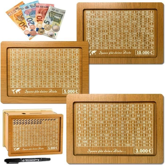 Tirelire en bois avec compteur, réutilisable, avec objectif d'épargne et chiffres à cocher, 10,000 € 5,000 € 3,000 €2,000 €1,000 €500 euros