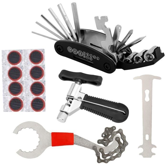 Kit Outils Réparation Vélo Complet 16 En 1 – Brise-Chaîne, Extracteur Manivelle Pédalier, Clé à Rayons, Leviers, Rustines & Brosse Chaîne – Idéal Cycliste