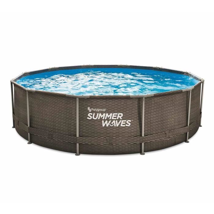Summer Waves Frame Pool | Rond 366x91 cm aspect rotin brun | Kit piscine hors sol | Piscine de jardin & piscine en plastique