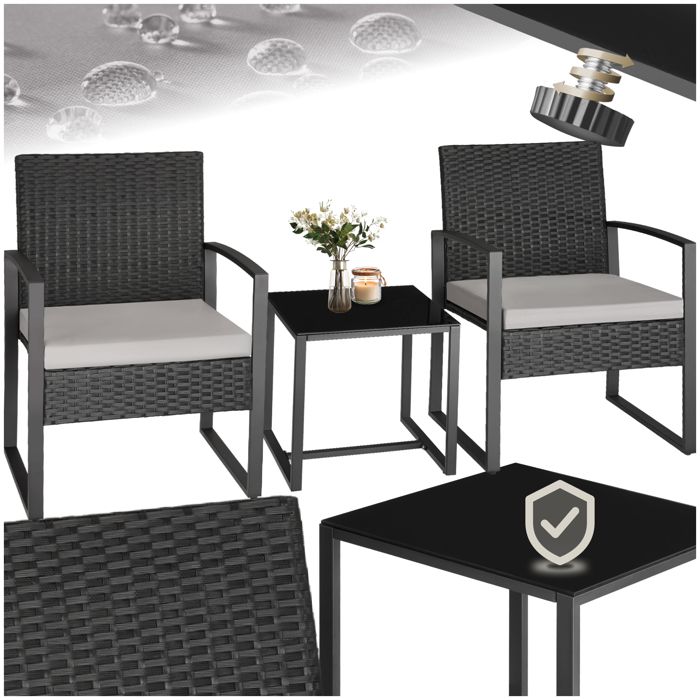 Ensemble de salon de jardin - TECTAKE - meubles de jardin en rotin - granada - confortable acier laqué époxy 58x555x78 cm - noir