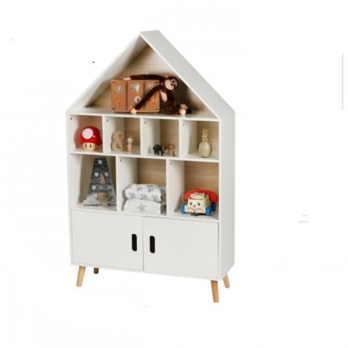 bibliothèque enfant forme maison 10 compartiments 2 portes coulissantes meuble chambre - h.126 cm