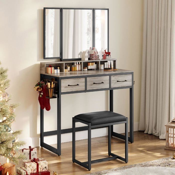 VASAGLE Coiffeuse avec Tabouret avec 3 Miroirs 3 Tiroirs Porte-Sèche-Cheveux Pot Style Industriel Grège et Noir