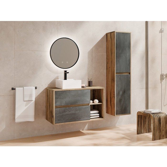 Meuble de salle de bain suspendu avec vasque et colonne - Coloris naturel et anthracite - 100 cm - TIKITIKI