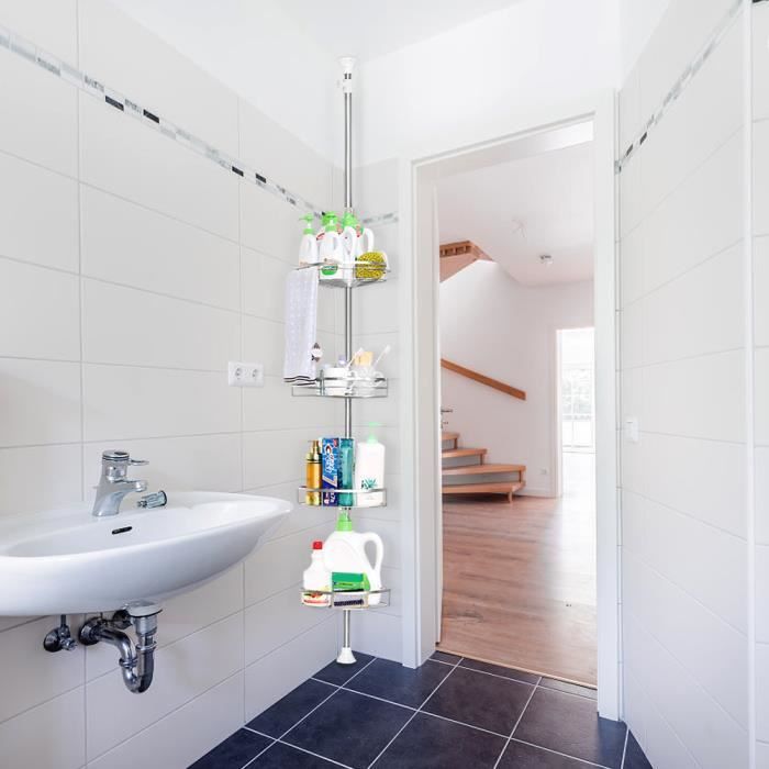 Etagère d'angle de douche, étagère salle de bain telescopique, acier noir et étagère en bois bambou, Dolcedo inoxydable, étagère de douche | 24756100